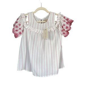 T4 Moon River Cold Shoulder‎ Top Striped Ruffle Eyelet Blouse XS